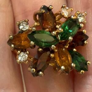 Vintage Rhinestone Cluster Cocktail Ring Green Amber Brown 18K HGF Statement